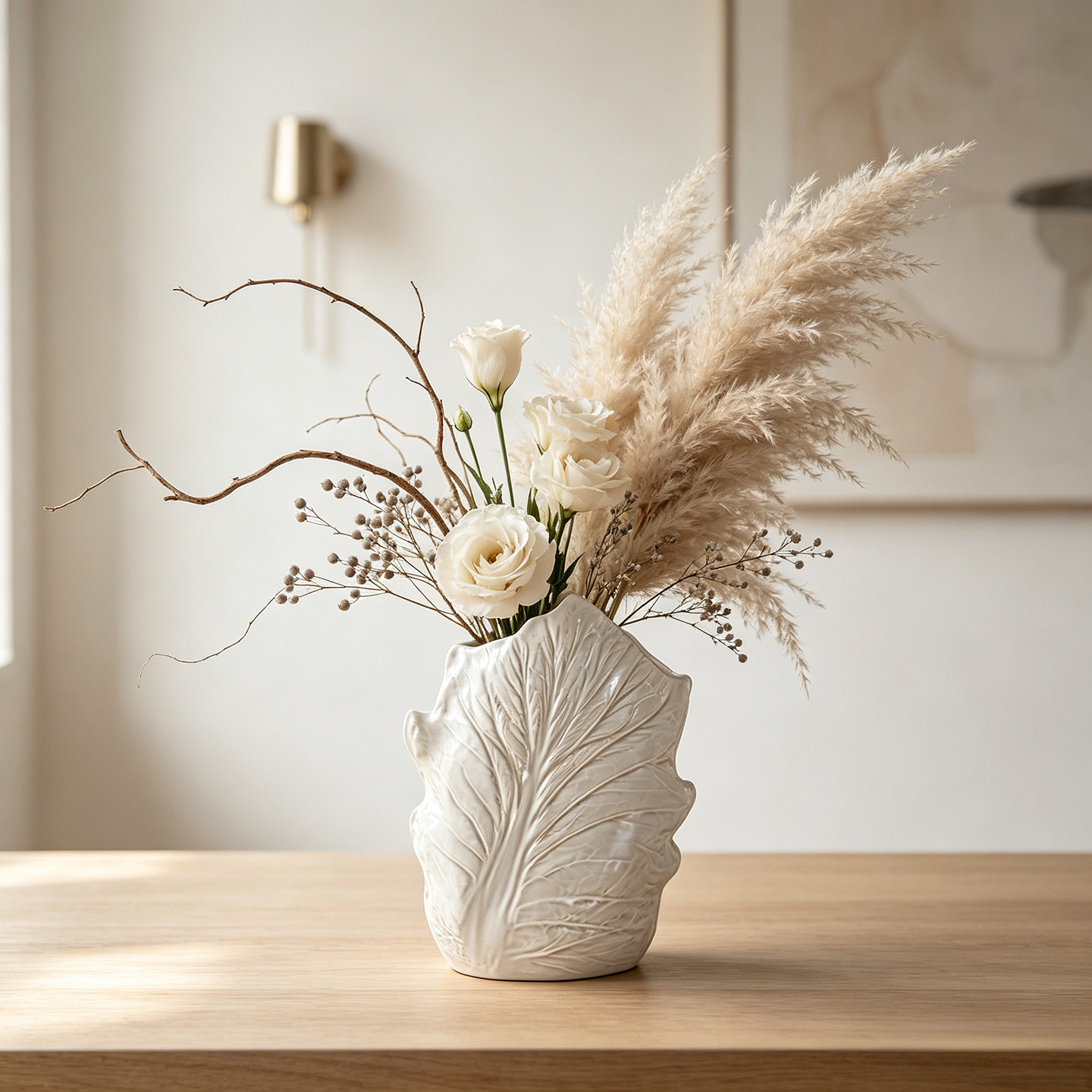 Pampas Grass Decor - แจกันเซรามิกรูปใบไม้สำหรับดอกแพมพัส ดอกไม้แห้ง ตกแต่งบ้าน สไตล์นอร์ดิก วาบิ ซาบิ