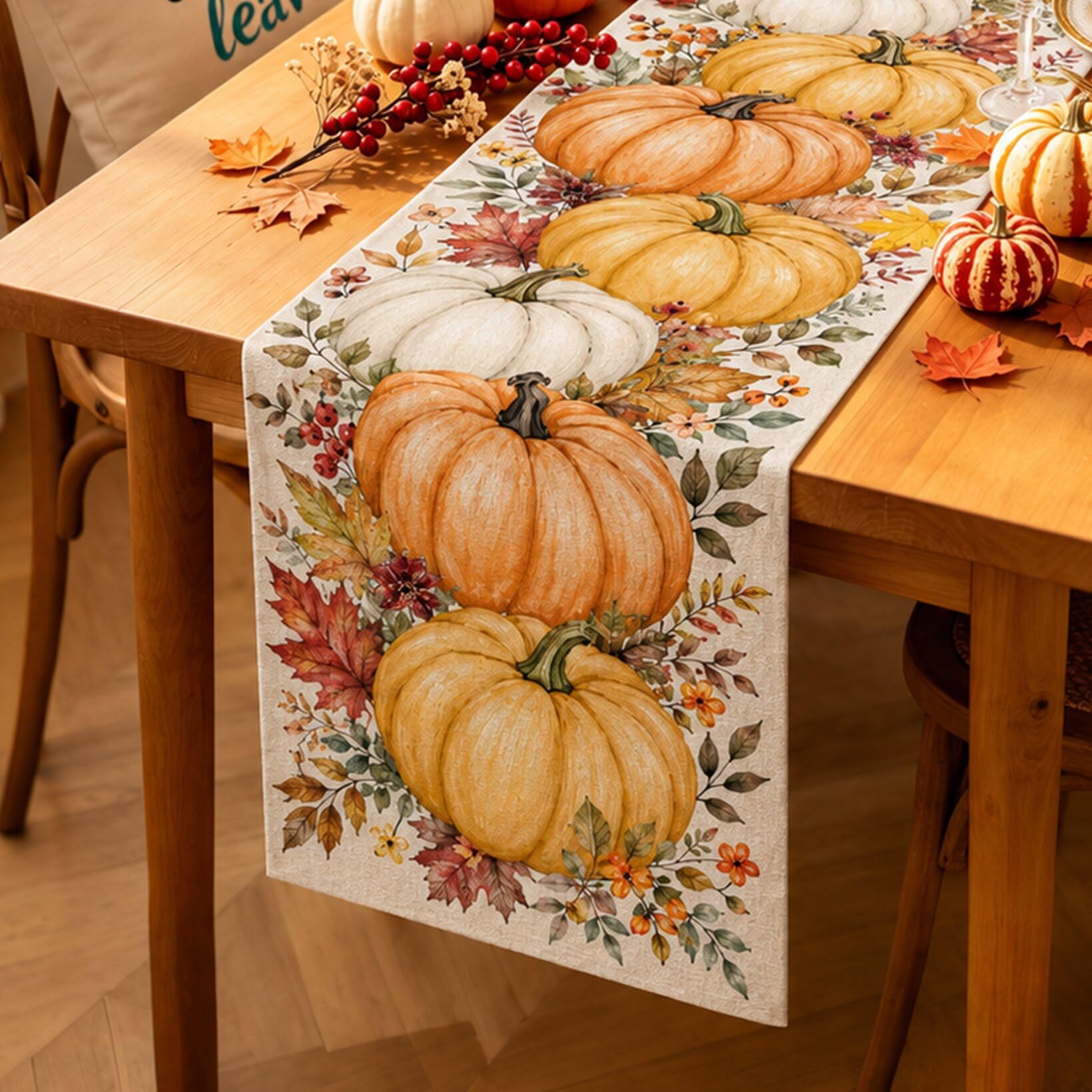 Linen Table Runner - ผ้าปูโต๊ะฮาโลวีนลายวินเทจกอธิค ลายอีกาและดอกไม้ ตกแต่งโต๊ะอาหาร สีดำน้ำตาลสไตล์โบราณ สำหรับตกแต่งโต๊ะในวันฮาโลวีน
