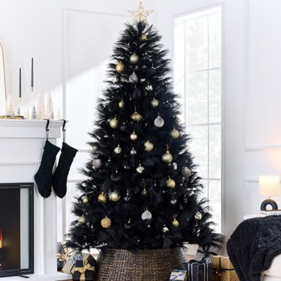 Pampas Grass Decor - ของตกแต่งต้นคริสต์มาส: หญ้าแพมพัสสีดำเทียม, ต้นคริสต์มาสพรีเมียมดีลักซ์ขนาด 6 ฟุตแบบไม่มีไฟพร้อมฐานโลหะ, ประกอบง่าย