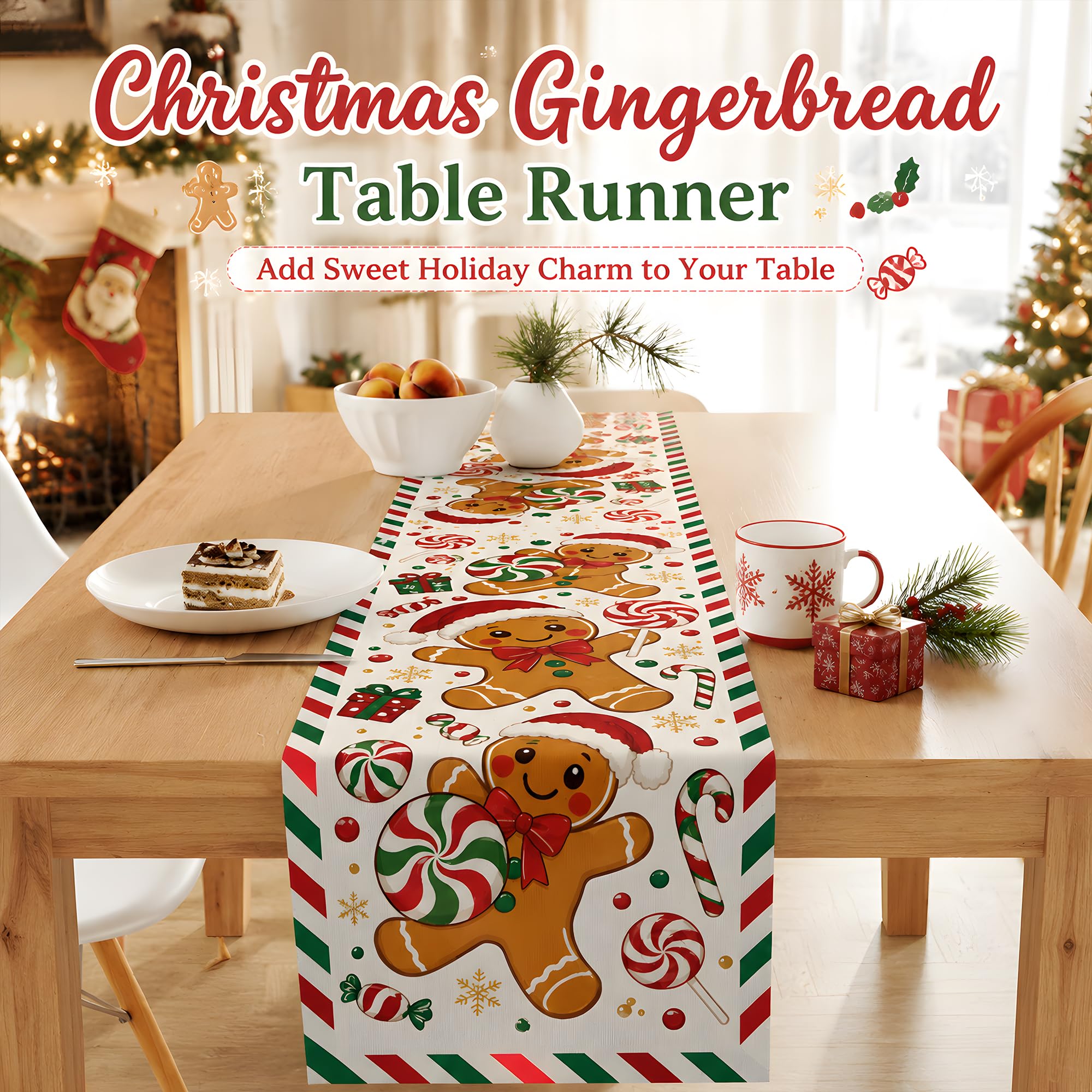 Linen Table Runner - ผ้าปูโต๊ะลายขนมปังขิงคริสต์มาส ลายลูกอมและอมยิ้มสุดน่ารัก สำหรับตกแต่งโต๊ะอาหารในช่วงวันหยุดฤดูหนาว งานปาร์ตี้คริสต์มาส และห้องครัว